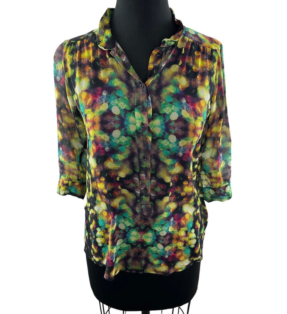 WILFRED Silk Yellow Black Shirt Dotted Printed Button Front Side Slit Sz 2XS